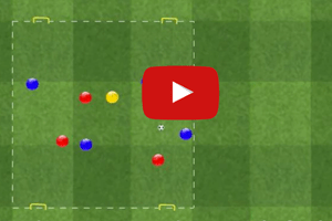 Ejercicio de rondo de cuatro jugadores contra cuatro mas un neutral con cuatro porterias