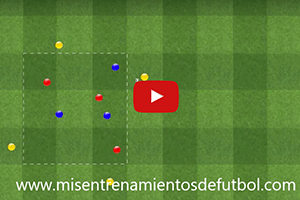 Ejercicio de rondo de tres jugadores contra tres mas cuatro neutrales por fuera del area