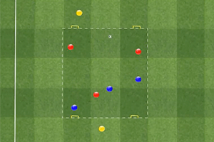 Rondo de tres jugadores contra tres con dos neutrales por fuera y 4 porterias